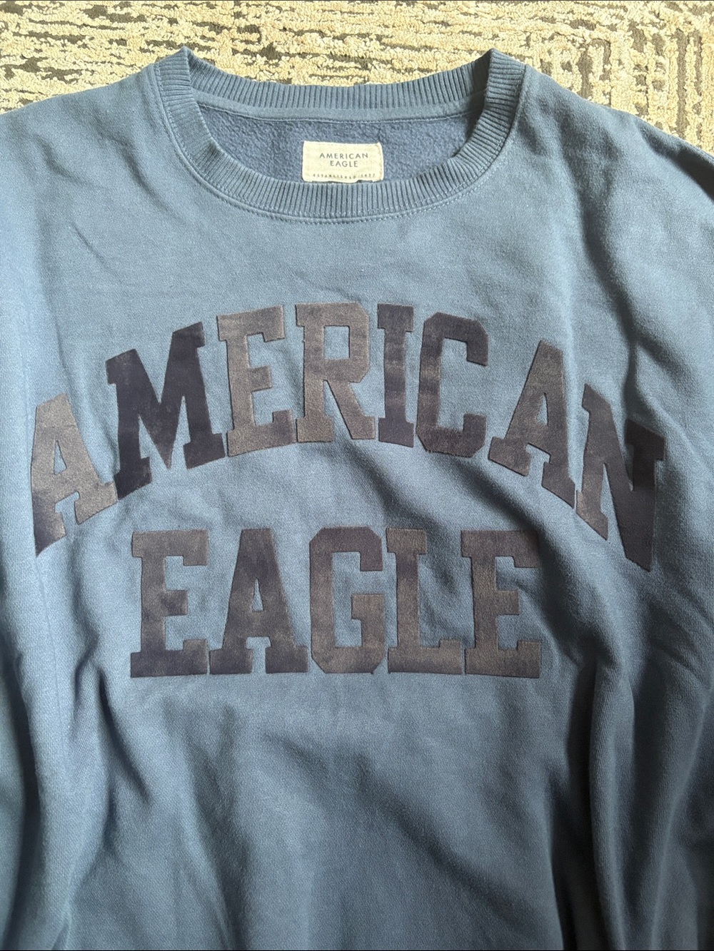 American Eagle Outfitters Crewneck Sweatshirt in Dusty Blue with Navy Lettering - Picture 2 of 3